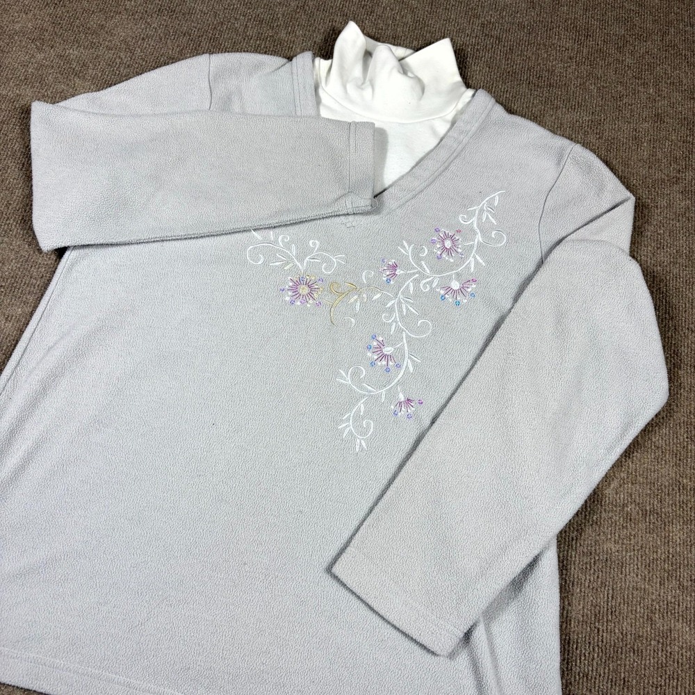 Vintage Blair Fleece Top Womens Small Gray Embroidered Turtleneck Layer Pullover